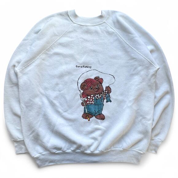 Vintage Other - Vintage Gone Fishing Bear Custom Hand Painted Crewneck Sweatshirt XXL Raglan 90s
